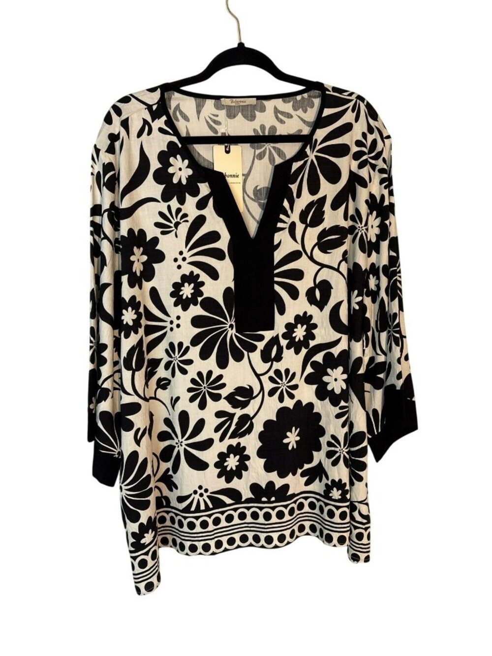 Bebonnie Black & White Floral Tunic Top 3/4 Sleeve Lightweight Fabric XXXL